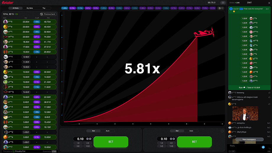 Official SPRIBE Aviator gameplay interface with the rising multiplier and live bets