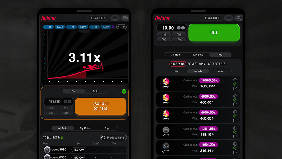 Official SPRIBE Aviator mobile gameplay interface showing the rising multiplier and cash-out controls