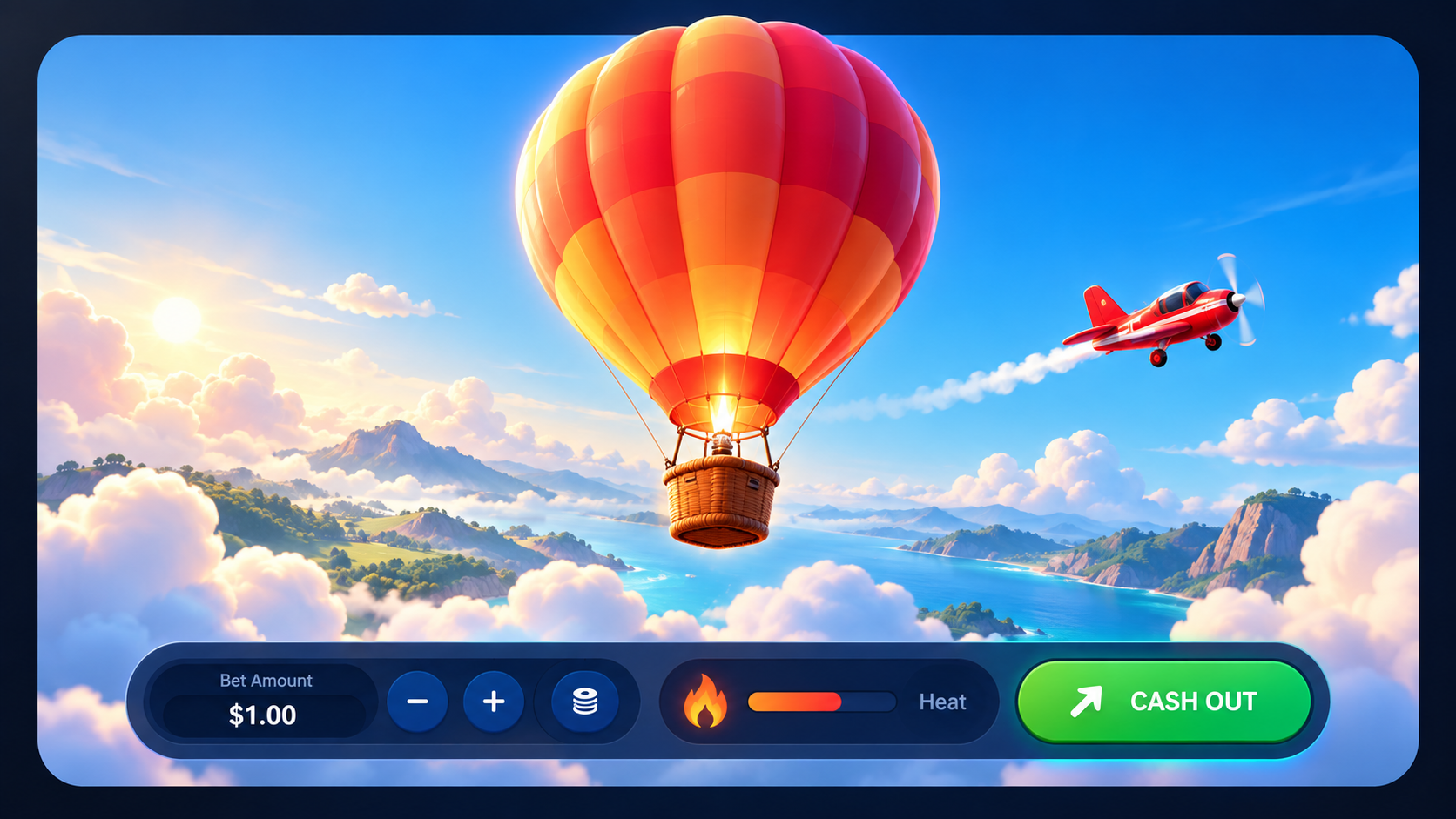 Illustrative Balloon gameplay visual showing a hot-air balloon with round controls