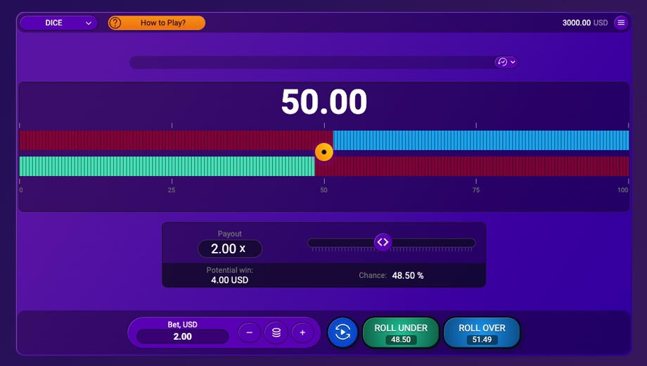 Official SPRIBE Dice gameplay interface showing the target range, probability controls, and generated result area
