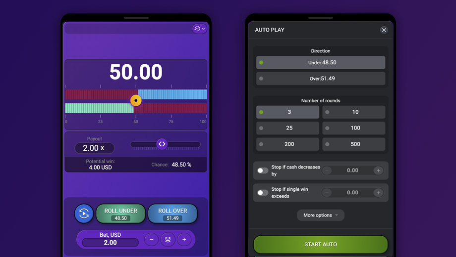 Official SPRIBE Dice mobile gameplay interface showing number prediction controls on a phone-sized layout
