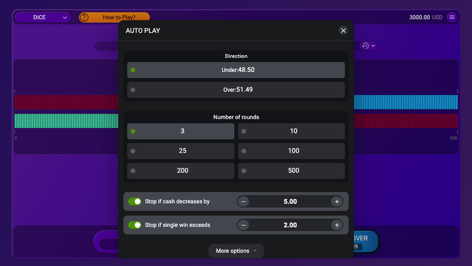 Official SPRIBE Dice settings or Auto Play panel showing repeated-round controls