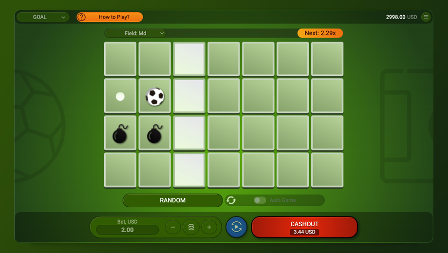 Official SPRIBE Goal gameplay interface showing step-by-step progress across the football-themed field