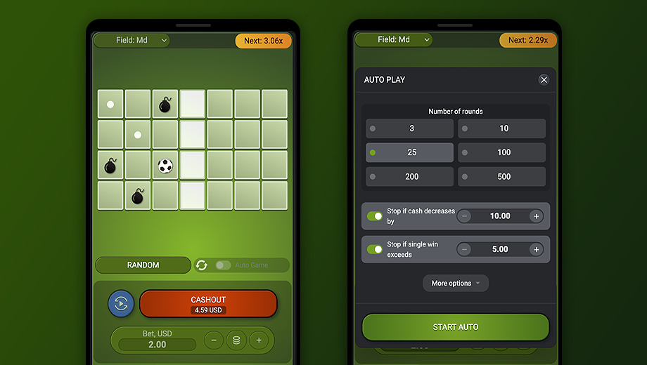 Official SPRIBE Goal mobile gameplay interface showing the field progression and controls on a phone-sized layout