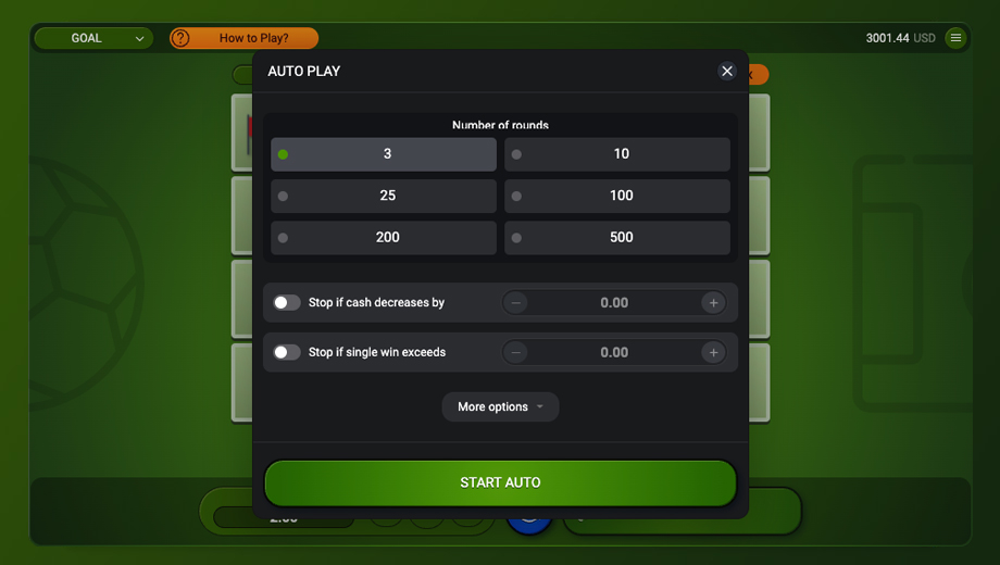 Official SPRIBE Goal settings or Auto Play interface showing repeated-round and stop controls