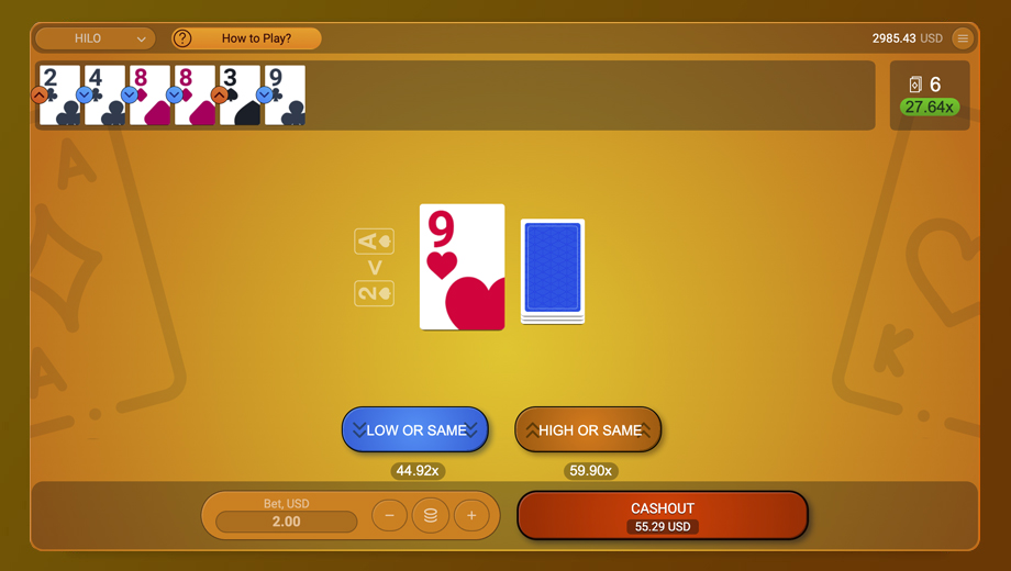 Official SPRIBE HiLo gameplay interface showing the current card and higher-or-lower prediction choices