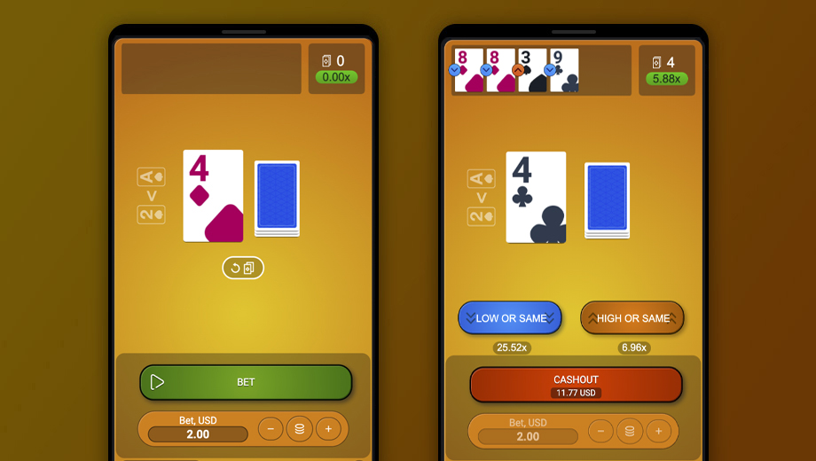 Official SPRIBE HiLo settings or game information interface showing card-game controls and options