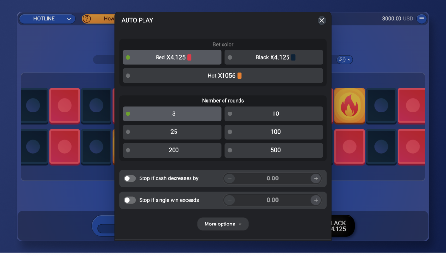 Official SPRIBE HotLine Auto Play settings showing outcome selection, number of rounds and stop conditions