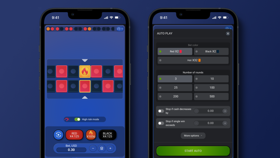 Official SPRIBE HotLine mobile gameplay interface showing the result line, risk controls and outcome buttons