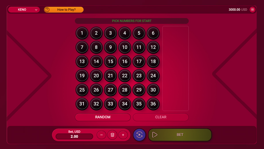 Official SPRIBE Keno gameplay interface showing the number-selection board and draw area