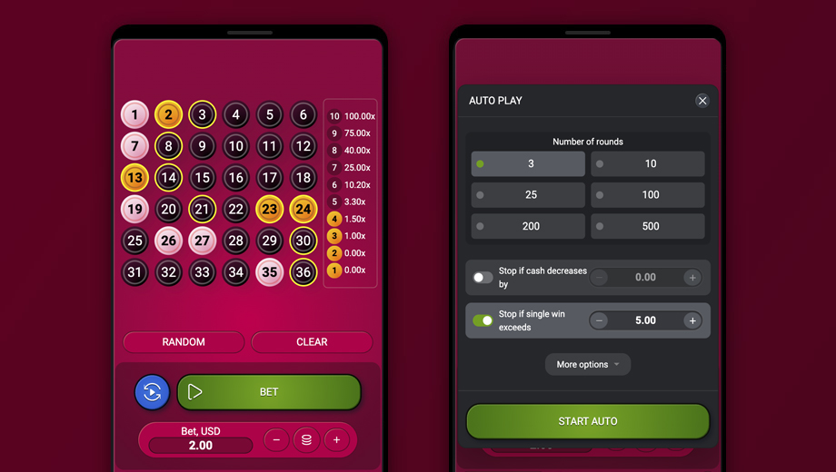 Official SPRIBE Keno mobile gameplay interface showing number picks and draw results on a phone-sized layout