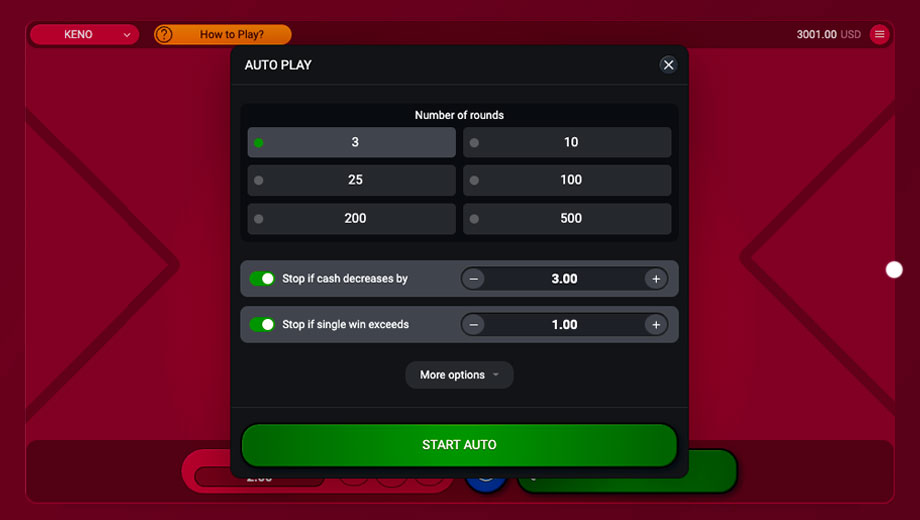 Official SPRIBE Keno settings or game controls showing number-selection and repeated-round options