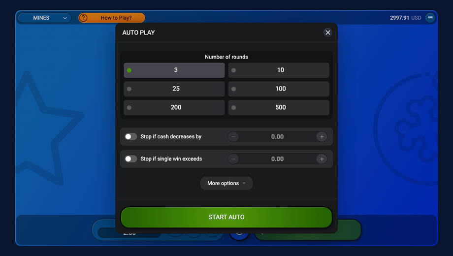 Official SPRIBE Mines Auto Play settings panel with round and stop controls