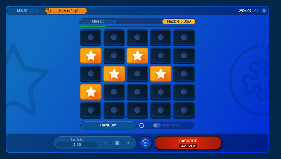 Official SPRIBE Mines gameplay board showing revealed safe tiles and the cash-out interface