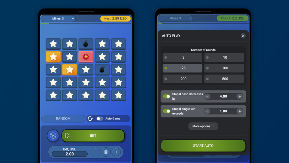 Official SPRIBE Mines mobile gameplay and Auto Play interface shown on phone screens