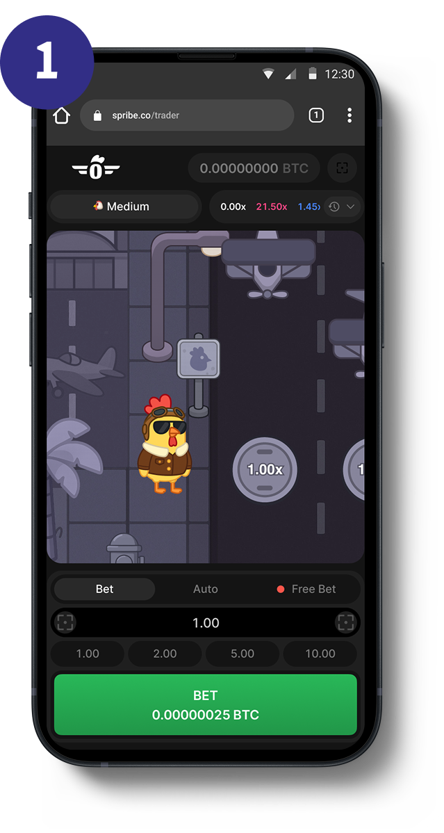 Official SPRIBE Pilot Chicken gameplay step showing the waiting state and initial bet controls