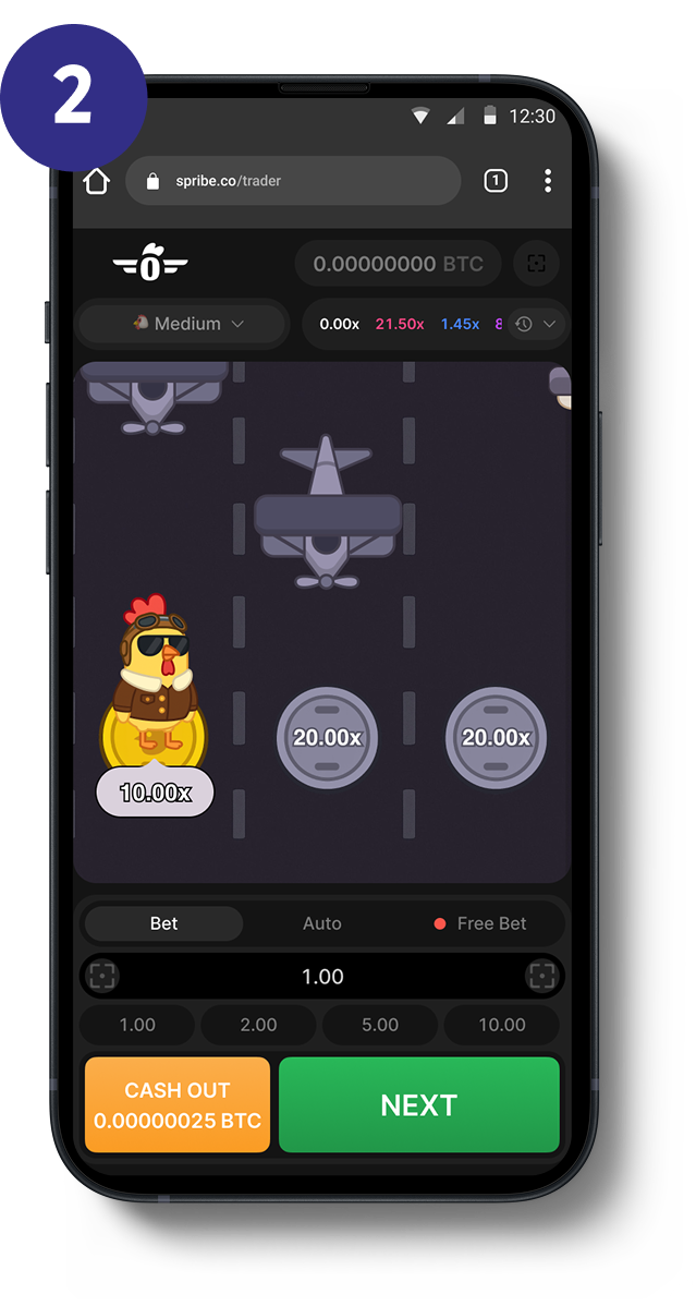 Official SPRIBE Pilot Chicken step image showing the round in progress with visible multiplier targets and cash-out controls