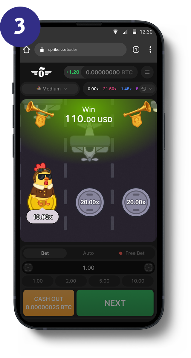 Official SPRIBE Pilot Chicken step image showing a win result and the cash-out outcome