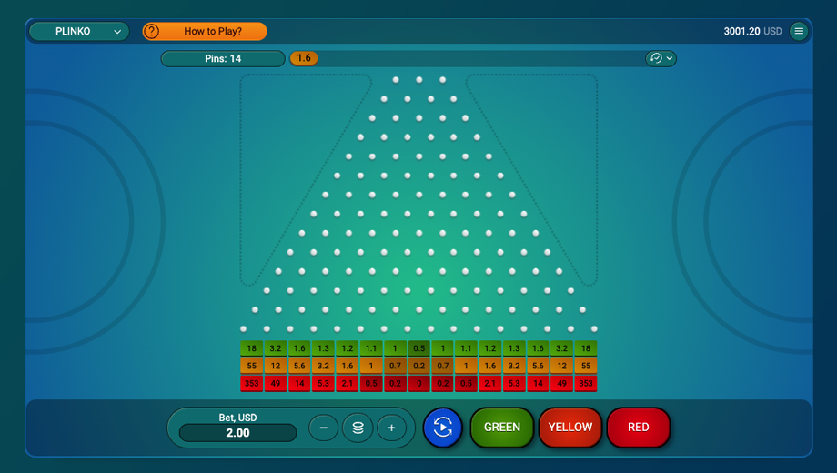 Official SPRIBE Plinko gameplay board showing the ball-drop field and multiplier landing slots