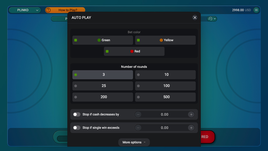 Official SPRIBE Plinko interface showing the available risk or board settings