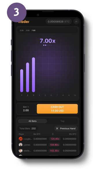 Official SPRIBE Trader mobile step image showing a higher multiplier and the cash-out decision during the round