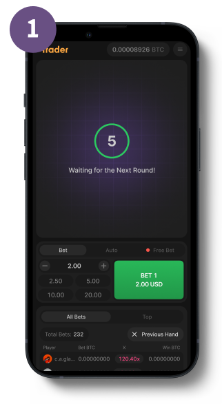 Official SPRIBE Trader gameplay interface showing the live chart area, active multiplier, and cash-out controls