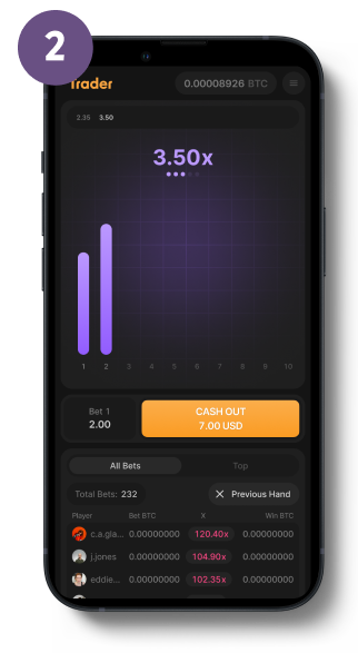 Official SPRIBE Trader mobile step image showing the multiplier plotting during an active round